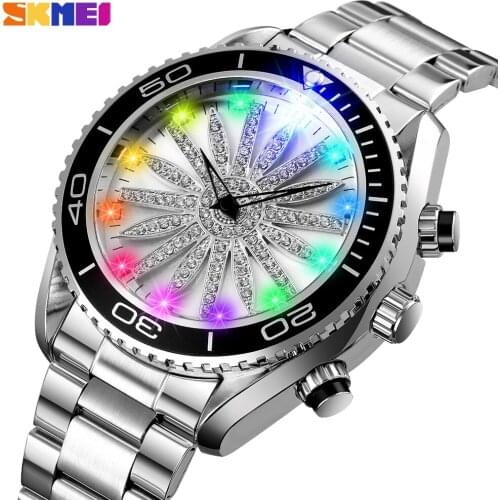 SKMEI Quartz Womens Watches Colorful LED Light Ladies Dress Bracelet Clock Steel Strap Waterproof Wristwatch Relogio Masculino