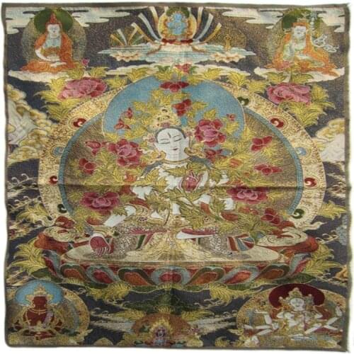 Tibet-Silk Embroidery Art Buddhism Tangka White Tara Bodhisattva Statue Thangka
