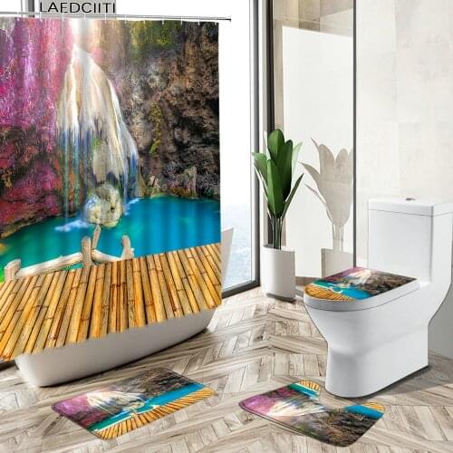 Waterfall Autumn Landscape Shower Curtains Forest Wooden Bridge Park Scenery Decor Non-Slip Carpet Toilet Cover Floor Mat Sets