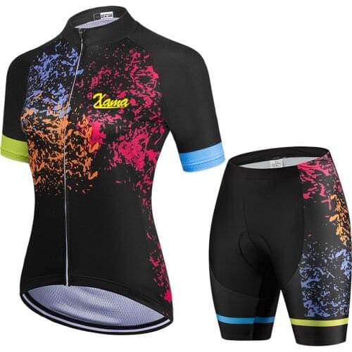 XAMA Womens Short Sleeve Cycling Jersey Black Bicycle Road Bike Shirts Outdoor GEL Pad Sports Ropa Ciclismo MTB Clothing Summer