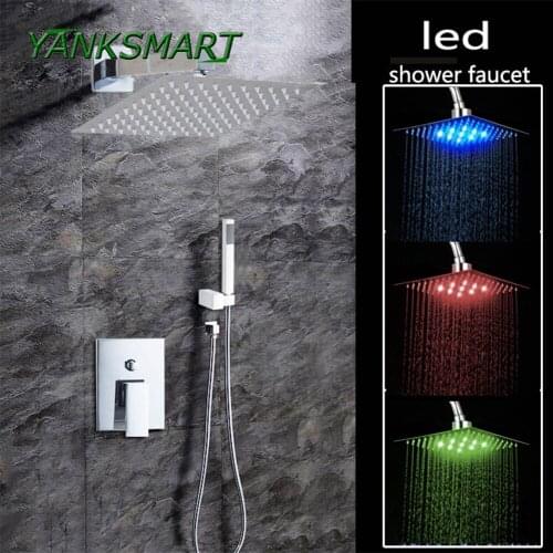 YANKSMART LED Light 8 12 16 Inch Square Shower Nozzle Bathroom Shower Faucet Waterfall Wall Mounted Kit Rainfall With Hand Spray