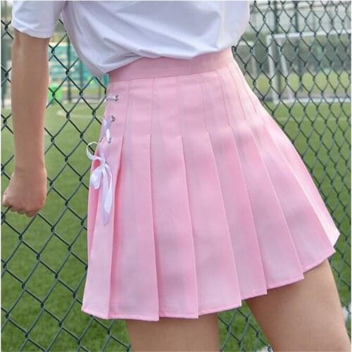 Girls Sexy Skirt Women Pleated Skirt Summer Solid A Line High Waist Mini Skirts Harajuku Gothic Punk Hip Hop Bow Lace-Up Preppy