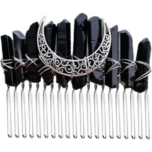 Boho Plating Black Raw Crystal Hair Comb Vintage Hollow Out Metal Moon Hairpin Clip Bride Wedding Party Tiara Headdress