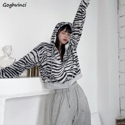 With Hat Hoodies Women Zipper Cool Girls Zebra Stripe Daily Spring All Match Trendy Ulzzang Cozy Harajuku Streetwear Loose Ins