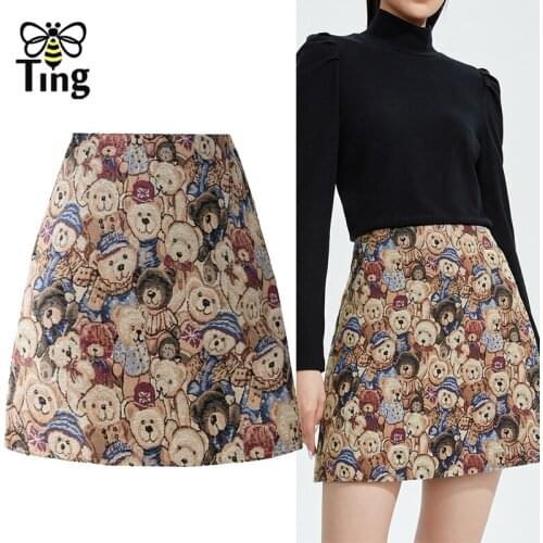 Tingfly Woman Skirts Summer 2021 Fashion High Waist Vintage A-Line Bear Cartoon Chic Elegant Sexy Mini Ink Skirt mujer faldas юб
