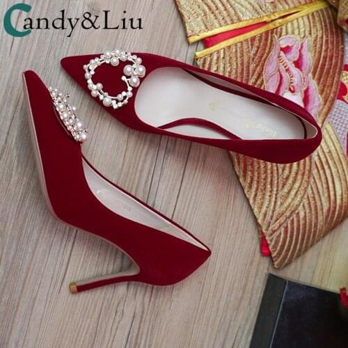 Women Pumps Red Pearls Heart Wedding Shoes Show Wedding Dress Wearing New 2021 Summer Womens Red High Heel Day