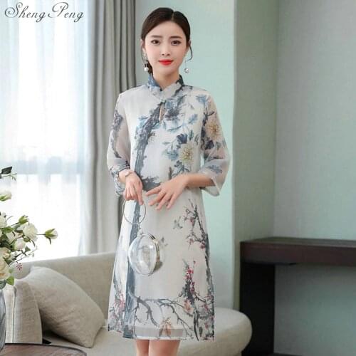 2019 summer retro chinese traditional qipao women lace chiffon cheongsam female crane print improved cheongsam dress Q735