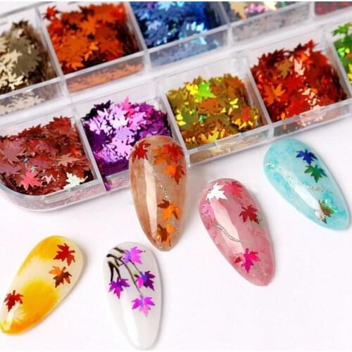 12 Grid Box Leaf Glitter || Metallic, Holographic/Neon Glitter 3D Laser Leaves Sequins Holographic Nail Art Flakes