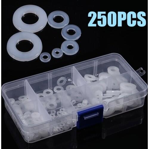 250pcs/set White Plastic Nylon Washer Nylon Flat Washer Assortment Kit M2 M2.5 M3 M4 M5 M6 M8 Screw/Bolt