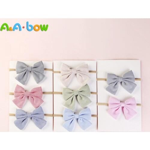 7pcs/lot Baby Handmade Bow Cotton Headbands Bowknot Striped Elastic Nylon hairhands Girls Hair Band Nylon Bow Hair Accessories