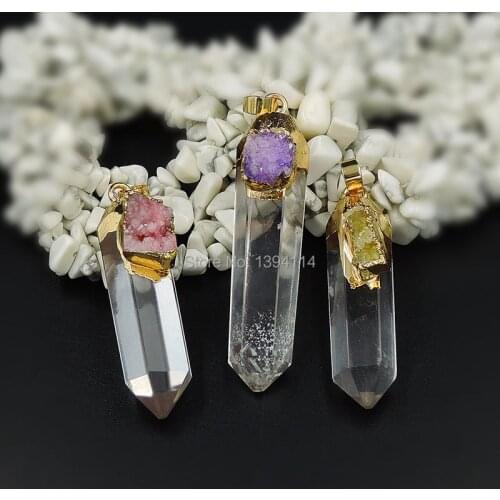 Mixed Colors Crystal Druzy & Clear Quartz Point Pendants Hexagon Column 24k Gold Plated Approx 45-50 mm Long