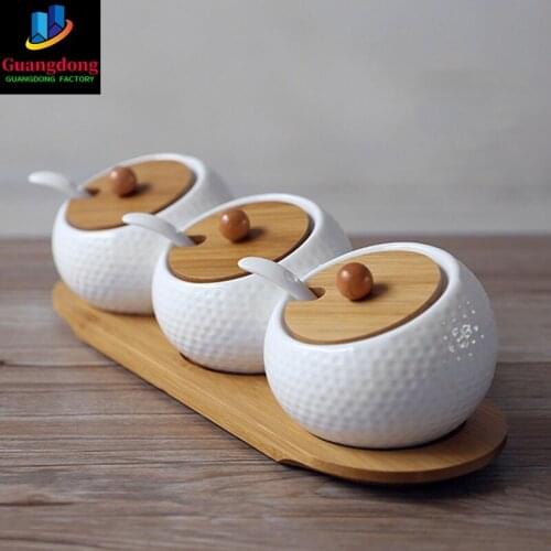 Ceramic Condiment Storage Jar Household Seasoning Pot Bamboo Tray Spice Jar Soy Sauce Box Salt Sugar Can Kitchen Organizer Tools