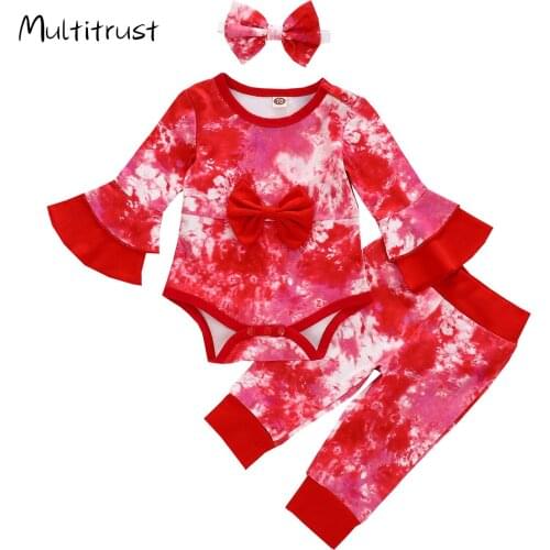 Newborn Baby Girls Clothes Set Tie Dye Print Flare Sleeve Bodysuit With Bow +Casual Pants+Headband 3pcs Infant Clothing Outfits