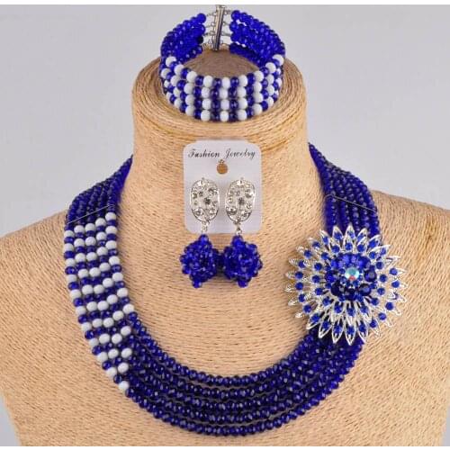 Swell royal blue and white nigerian wedding african beads jewelry set crystal 5JZ-02