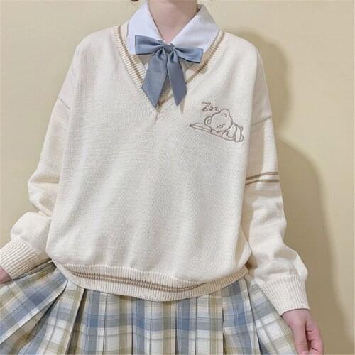 Cute V Neck Sweater Women Knitted Kawaii Cartoon Bear Jumper Preppy Style Casual Long Sleeve Pullover Girls School Uniform Beige