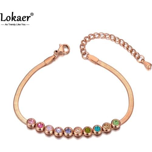 Lokaer Trendy Stainless Steel Mixed Color Crystal Charm Bracelets For Women Girls Bohemia Rose Gold Snake Chain Bracelet B20046