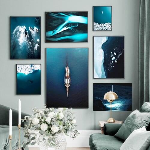 Blue Sea Glacier Whale Boat Aurora Wall Art Canvas Painting Nordic Posters And Prints Pictures For Living Room Home Decor