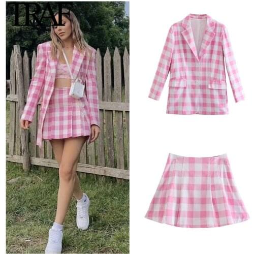 Traf Women Clothing Spring Autumn Chic Office Lady Plaid Casual Short Suit Coat French Fashion Pink Long Sleeve Blazer Tops