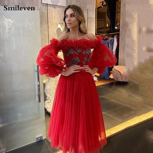 Smileven Puff Sleeve Formal Evening Dress Off The Shoulder Crystal Creasing Prom Party Gowns Vestido de festa Party Dresses