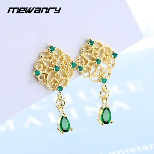 Mewanry 925 Sterling Silver Stud Earrings for Women Trend Elegant Creative Vintage Emerald Zircon Tassel Jewelry Birthday Gifts