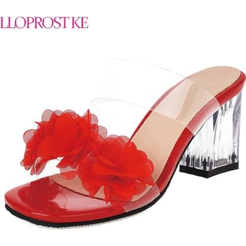 Lloprost ke 2021 open toe womens chunky high heels slides sandals big size 32-48 lady fashion flower slippers outside mules