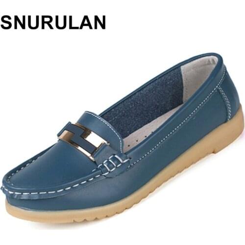 SNURULAN 2018 Genuine Leather Woman Four Seasons Nurse Mother Loafers Flats Buckle Metal Decoration Sewing Women Shoes womanE380