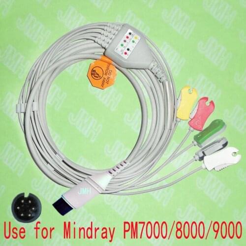 Compatible 6pin Mindray PM9000, PM8000,PM7000 and Goldway ECG Machine the one-piece 5 lead cable and clip leadwire,IEC or AHA