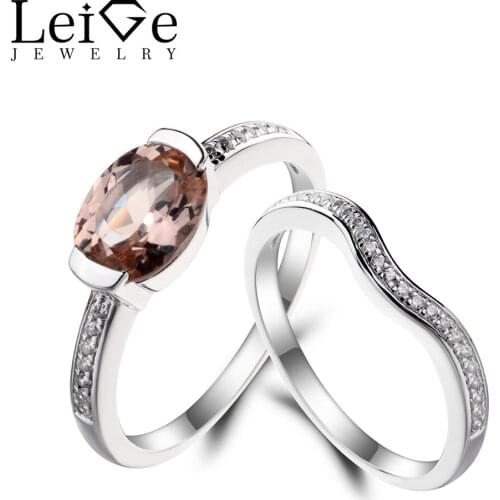 Leige Jewelry Morganite Engagement Ring Natural Pink Morganite Ring Oval Cut Pink Gemstone 925 Sterling Silver Bridal Sets Rings