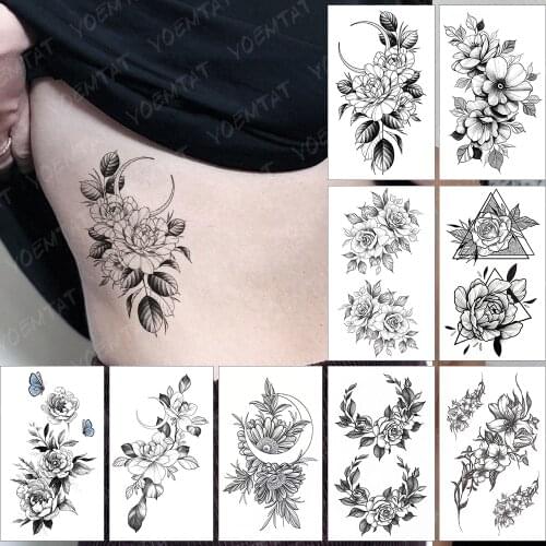 Waterproof Temporary Tattoo Sticker Sexy Dark Wine Lines Small Roses Flowers Peony Flash Tatoo Fake Tatto For Body Art Women Men