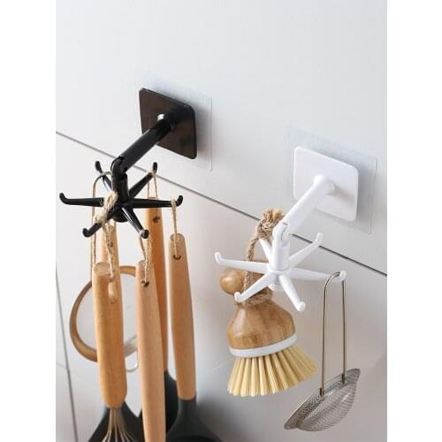 Rotating hook Kitchen tool storage non-marking hook Free-perforating wall hanging 360-degree rotating 6-claw storage rack