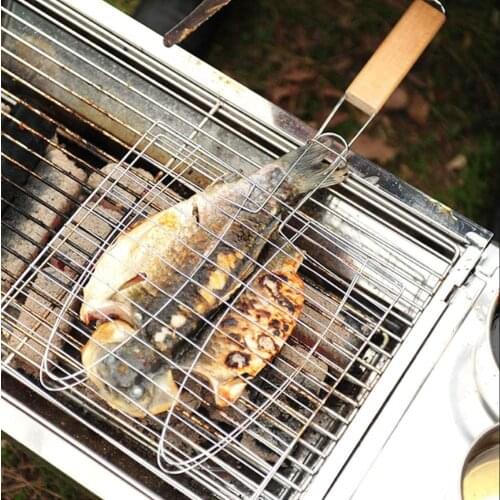 Iron Wire BBQ Net Barbecue Grilling Basket Wooden Handle Meat Fish Clip Holder Stainless Steel Nonstick Barbecue Fish Grill Tool
