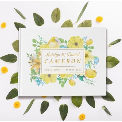 Yellow Floral Wedding Guestbook Alternatives,Flower Personalized Name & Date White Wedding Guest Book Hardcover,Wedding Memoirs