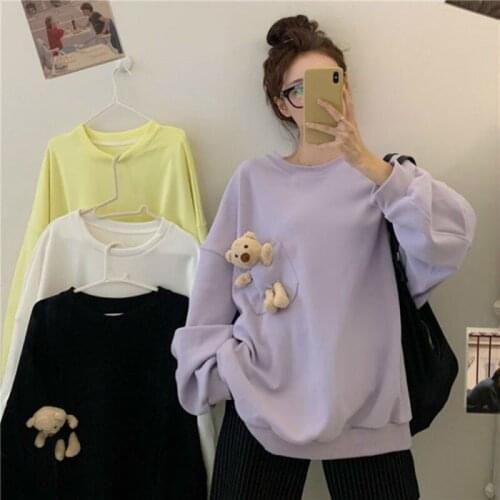 Plus Size Spring Autumn Women Loose Cute Pocket Bear Hoodie Sweatshirt Girls Casual Kawaii Harajuku Pullover Tops College Style