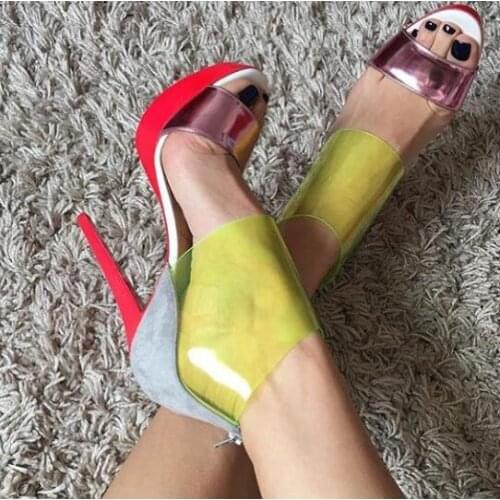 Moraima Snc Fashion Mixed Colors High Heel Shoes Woman Sumer Open Toe Thin heels Sandal PVC Patchwork Platform Heels
