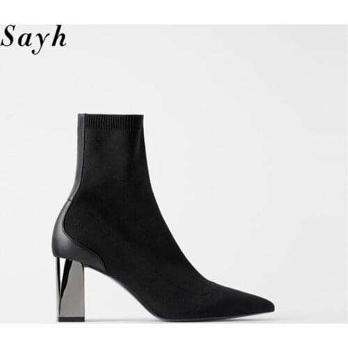 2020 Winter Women Ankle Boot Thick Heel Stretch Sock Boot Pointy Toe Lady Shoes Black Size