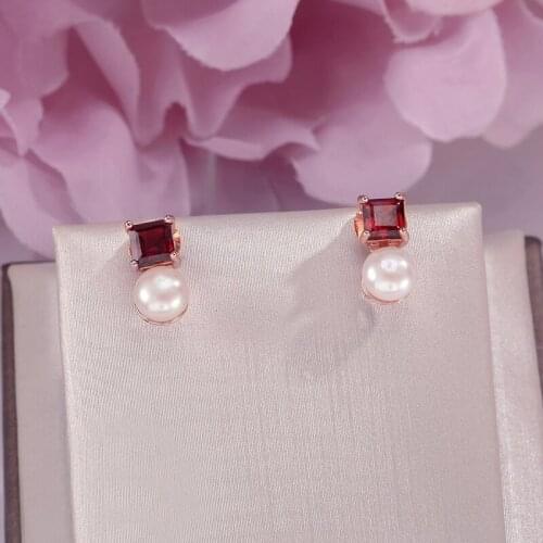 Fine Jewelry Pure 925 Silver Sterling Stud Earrings Garnet Red 100% Natural Freshwater Pearls Earring For Women Brincos CCEI038