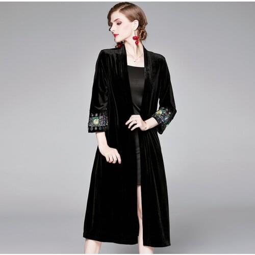 ZUOMAN Women Autumn & Winter Embroidery Velvet Trench Coat Female High Quality Vintage Designer Long Outerwear & Coats