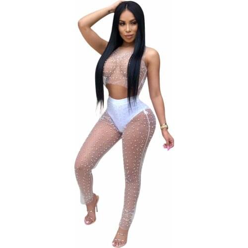 2019 Sexy Perspective 2 Piece Set with Pearls Beading Decorate Womens Solid Black/White Short Sleeve Party Nightclub Pants Outf
