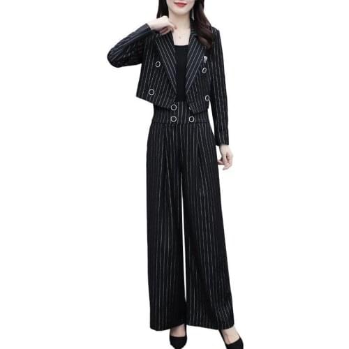Fashion Vintage Casual Blazer Women Office Double breasted Jacket Stripe High Waist Wide Leg Pants Suit 2 Piece Sets Female