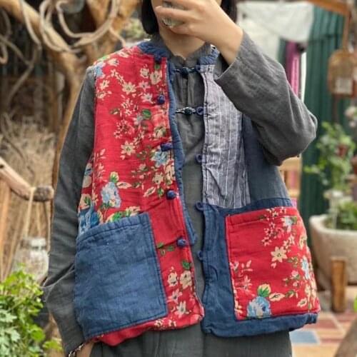 Johnature Women Vintage Patchwrok Cotton Print Flowers Vests Chinese Style Sleeveless Coats V-Neck 2021 Spring Pockets Vests