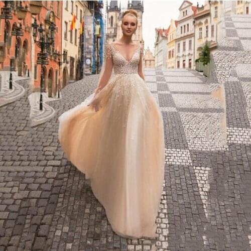 Thinyfull Princess Beading Wedding Dresses A Line V Neck Champagne Bride Dresses Tulle Lace Appliques Vestido De Novia 2020
