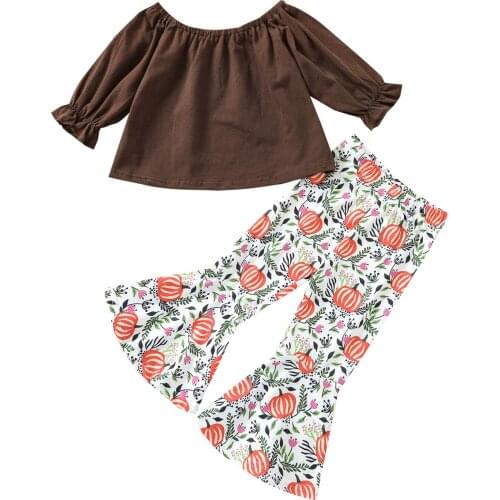 2021 0-4Y Hallown Baby Girl Clothing Fresh Solid Color Long Sleeve Tops Bouse and Pumpkin Print Trumpet Pants Costume 2pcs Set