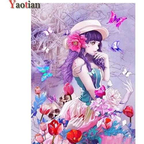 Diy diamond embroidery anime girl skull flower diamant painting full square round diamond painting mosaic rhinestone paintings