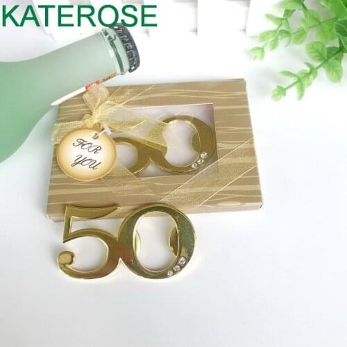 FREE SHIPPING 100 PCS/LOT Event&Party Anniversary Gift 50th Design Gold Bottle Opener Golden Wedding Birthday Party Giveaway