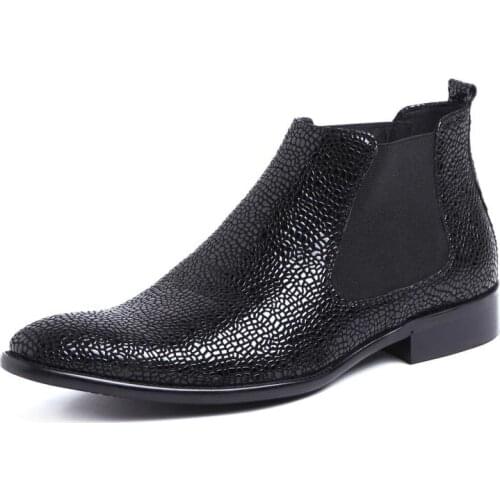Fashion Snake Men Business Dress Shoes Luxury Genuine Leather Wedding Chelsea Boots Slip On Pointed Toe Prom Party Ankle Boots