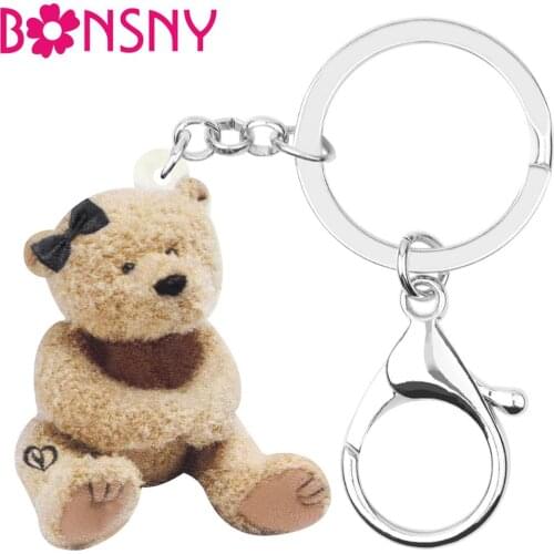 Bonsny Acrylic Brown Plush Toy Bear Keychains Print Cute Animal Key Ring Jewelry For Women Kids Girls Funny Gift Wallet Charms