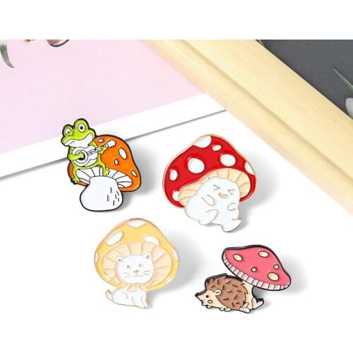 Interesting Mushroom Enamel Pins Custom Cat Frog Hedgehog Brooches Lapel Pin Bag Cartoon Cute Animal Badge Jewelry Gift for Kids