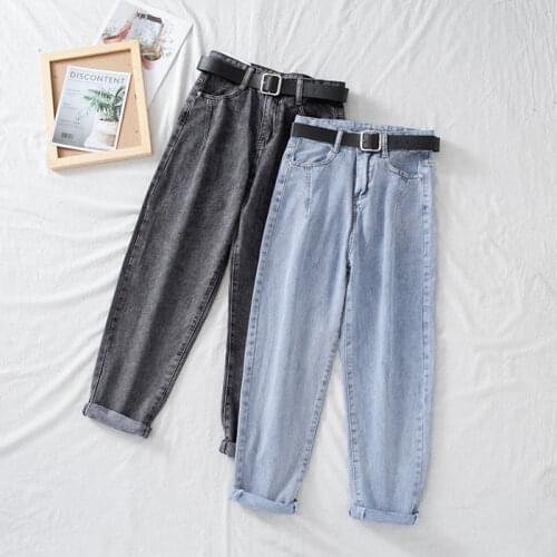 Womens High-waist Straight-leg Jeans Female Loose Slim Pants Solid Color Washed Carrot Harem Pants Trousers Free Sashes 2XL