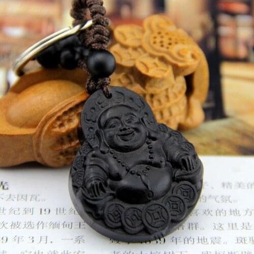 Chinese Traditional Wood Products Classic Ethnic Jewelry Ebony Smiling Buddha Buddhist Supplies Money Key Blessing Keychain Ring