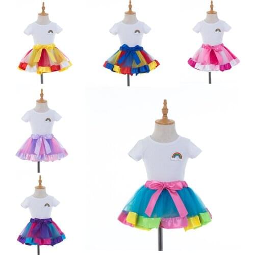 Summer Girls Rainbow Clothes Set Mesh Tulle Tutu Dresses Simple White Cotton Short Sleeve Kids S/M/L Colorful Dress Skirt Set